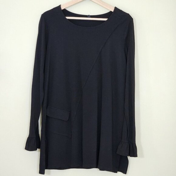 Robert Kitchen Top Womens L Black Tunic LS Round Neck Relaxed Lagenlook Goth - Picture 1 of 12